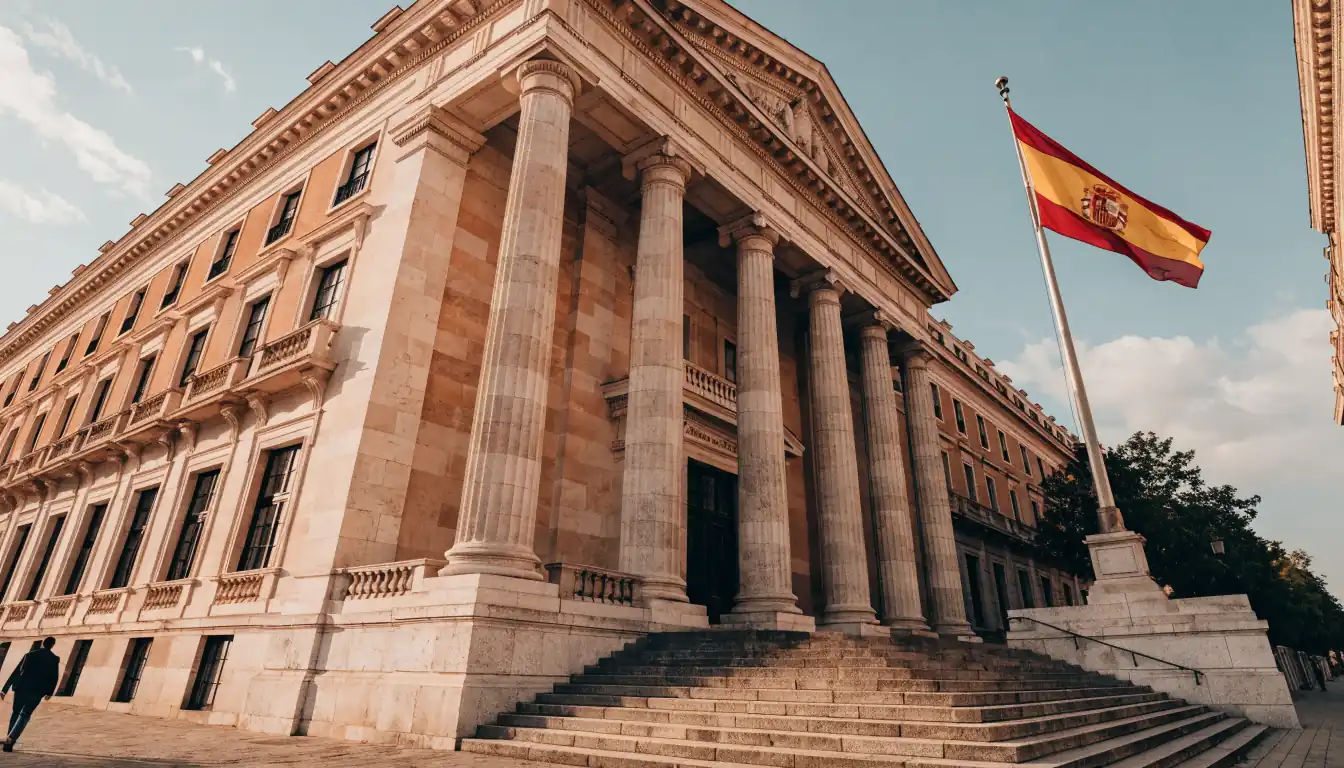 Fotografía de un edificio judicial español bajo luz dorada