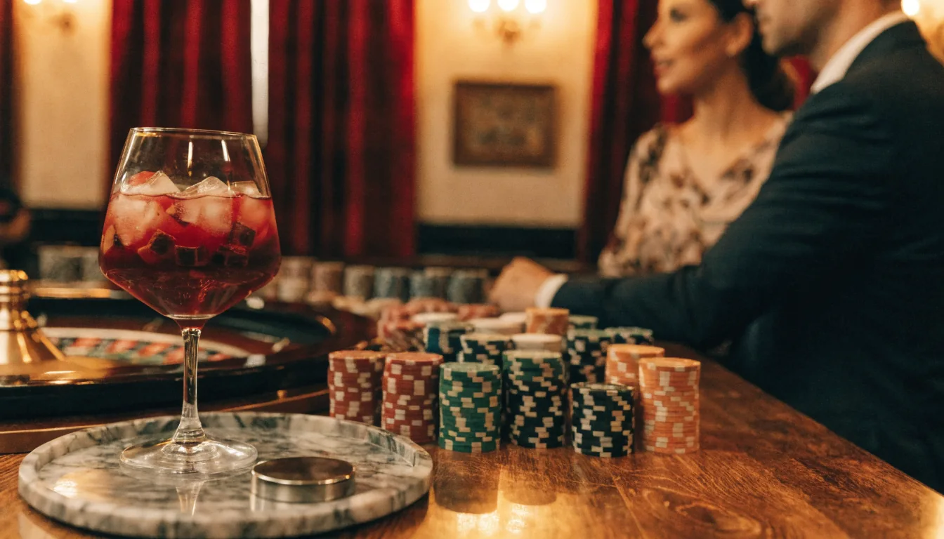 Lujoso salón de casino español con ruleta y fichas, ambiente cálido.