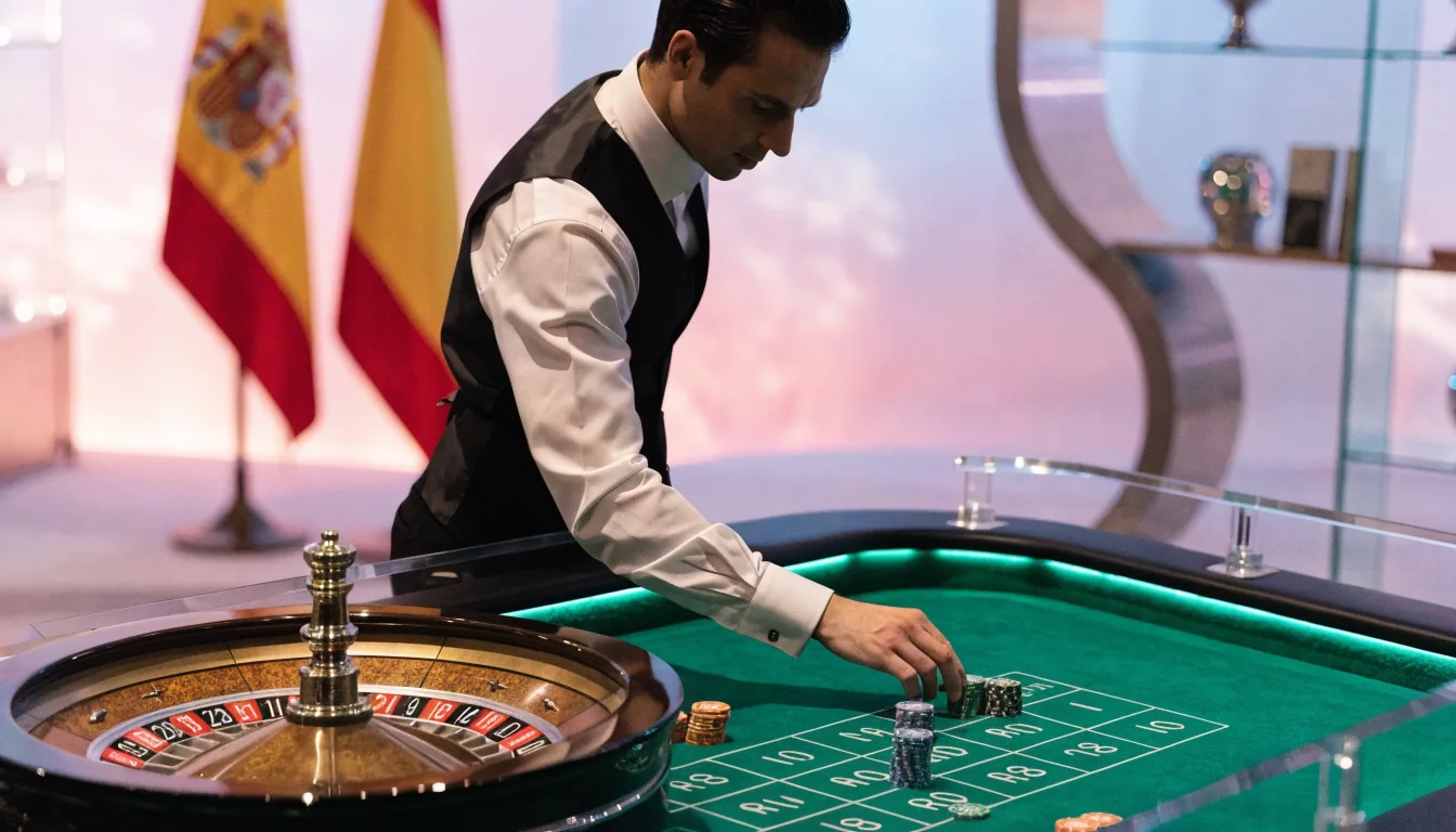 Dealer profesional en casino en vivo con mesa de ruleta elegante