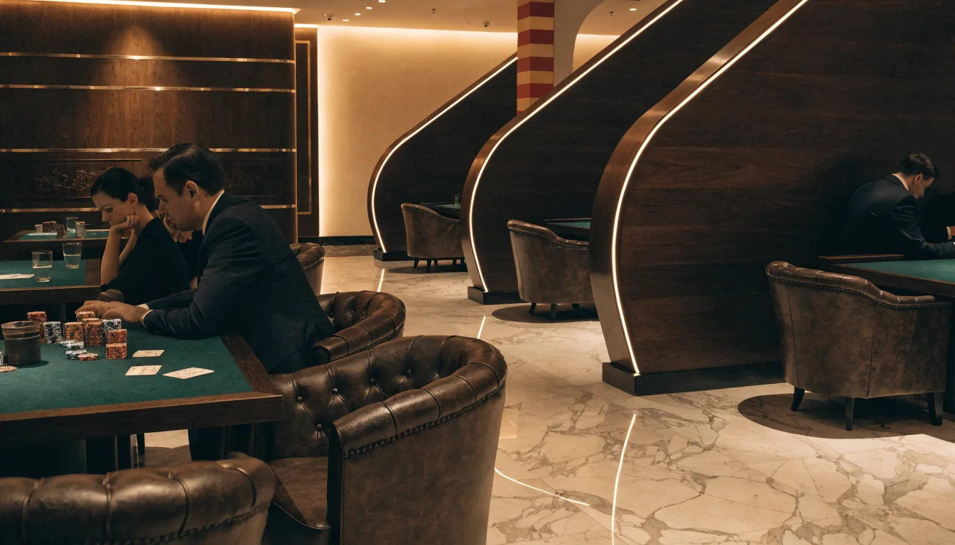 Foto realista de un interior de casino español con fichas y cartas.