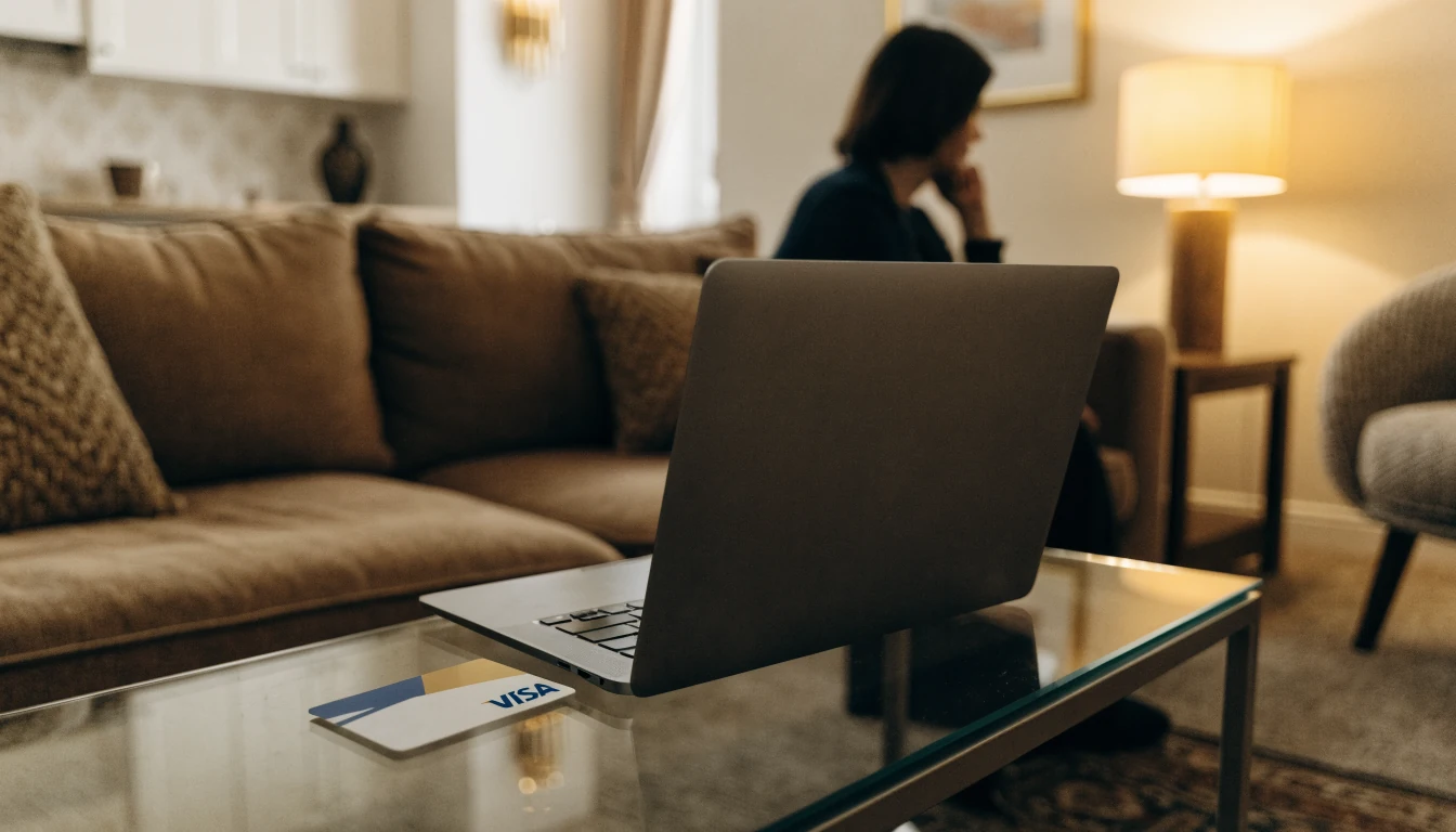 Sala de estar española con laptop y tarjeta Visa sobre la mesa
