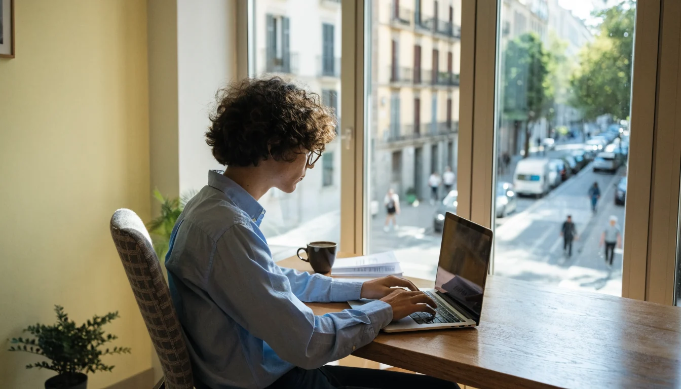 Profesional español en oficina moderna, trabajando en laptop, taza de café, luz natural.