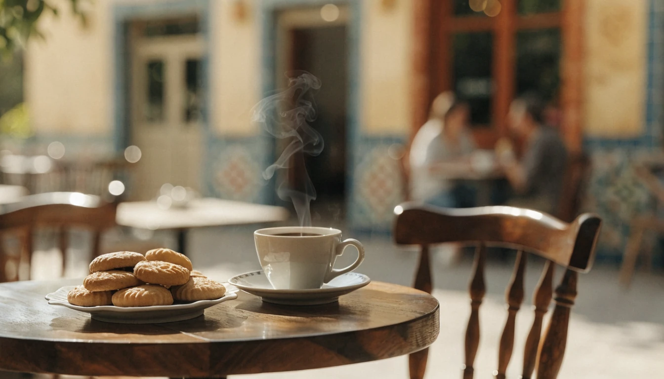 Foto de una terraza española con galletas y café bajo luz natural.