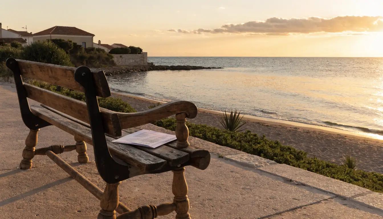 Banco de madera con documentos legales en la costa española al atardecer
