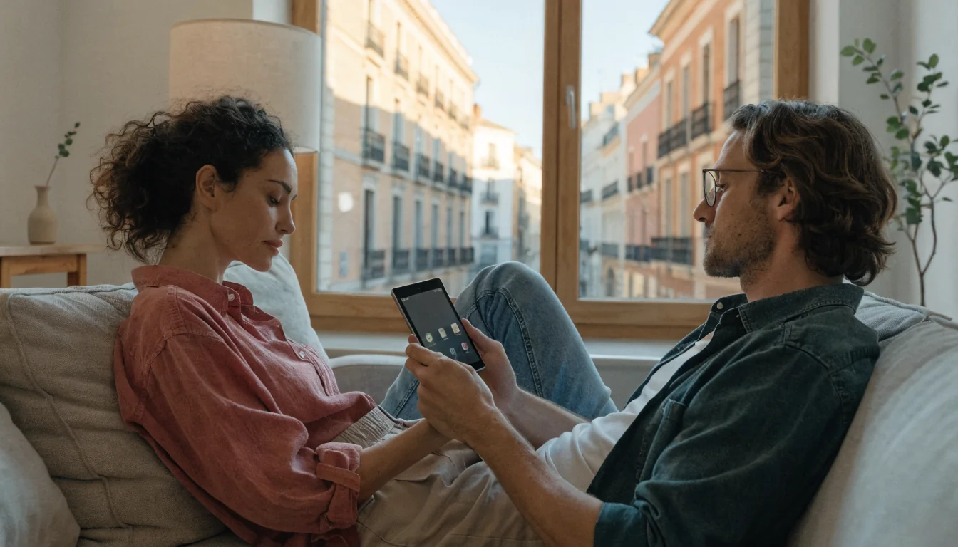 Pareja adulta en salón español, ambiente responsable