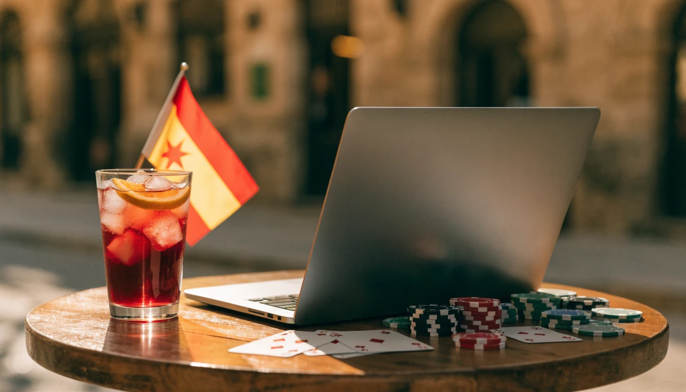 Fotografía realista de un casino online con una laptop y elementos españoles.