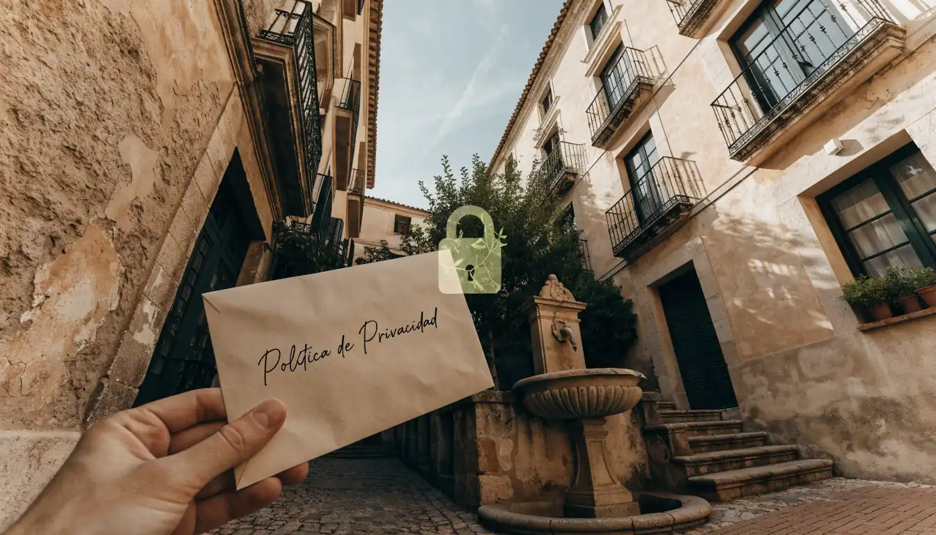 Patio español tranquilo con fuente y sobre cerrado de política de privacidad.