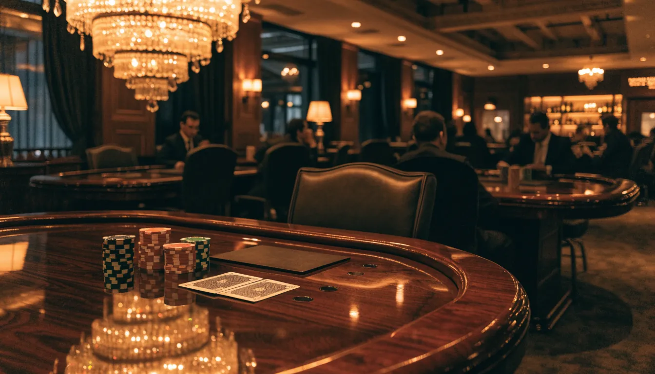 Interior de casino español con cartas y fichas, iluminación dorada.