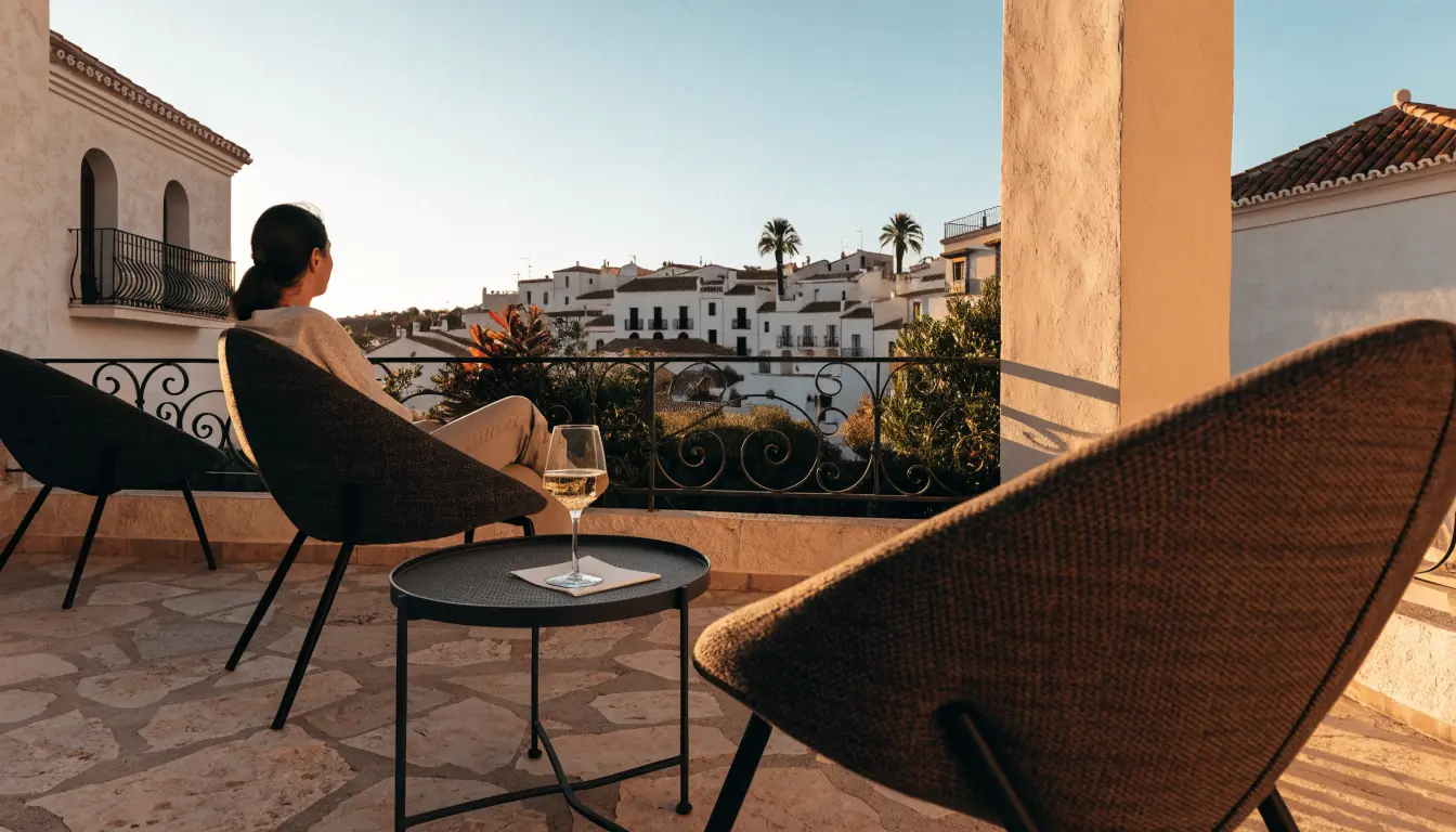 Terraza mediterránea española al atardecer, ambiente elegante y cálido